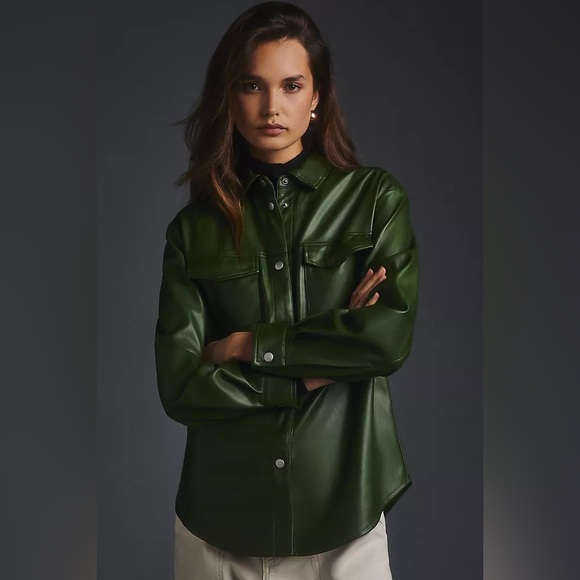 Anthropologie Aves Les Filles faux leather oversized shirt jacket in dark green - Picture 3 of 12